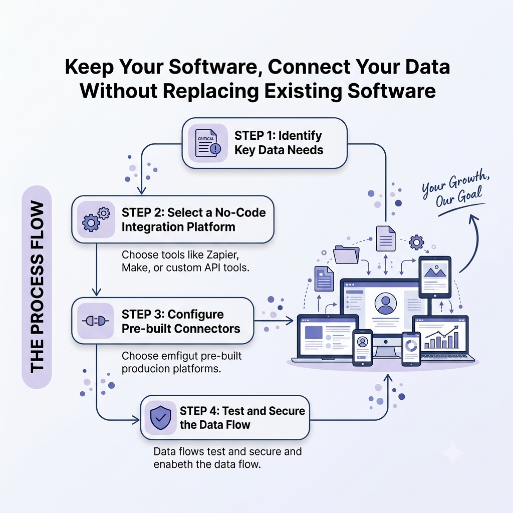 Process flow diagram illustrating 4 steps to connect business software without replacement: Identify Key Data Needs, Select Integration Platform, Configure Connectors, and Test & Secure Data Flow.
